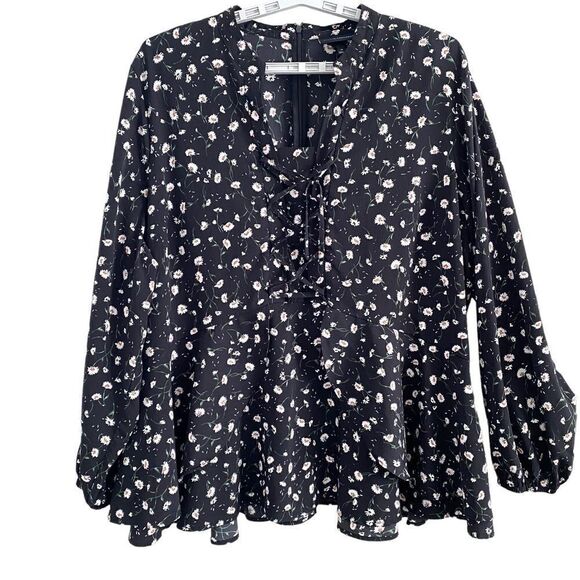 Lane Bryant Lace Up Front Ruffle Hem Black Floral Shirt Long Sleeve Plus Size 28 - Picture 1 of 7